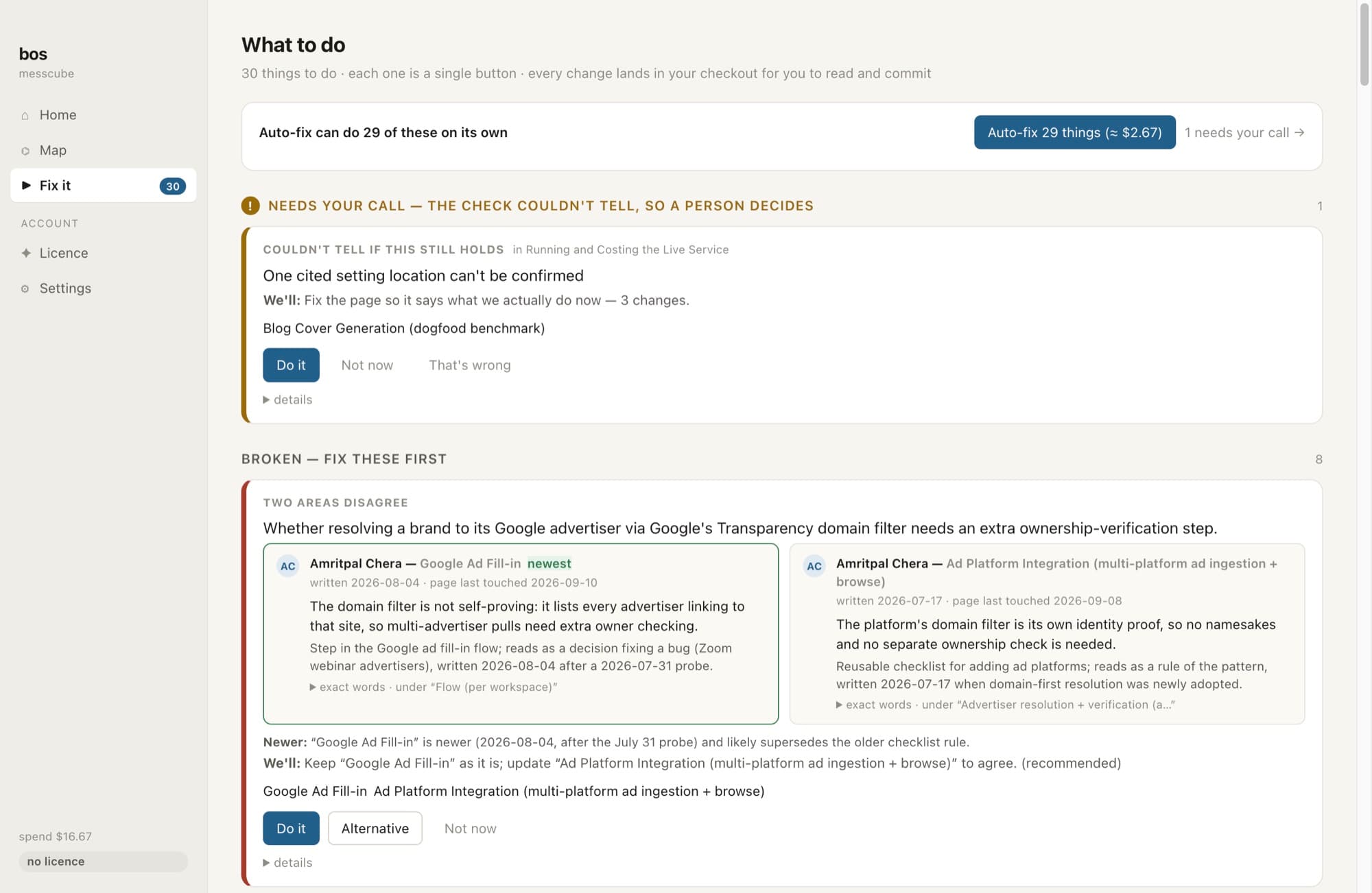 BOS showing two contradicting statements side by side, which is newer, and one button to settle it