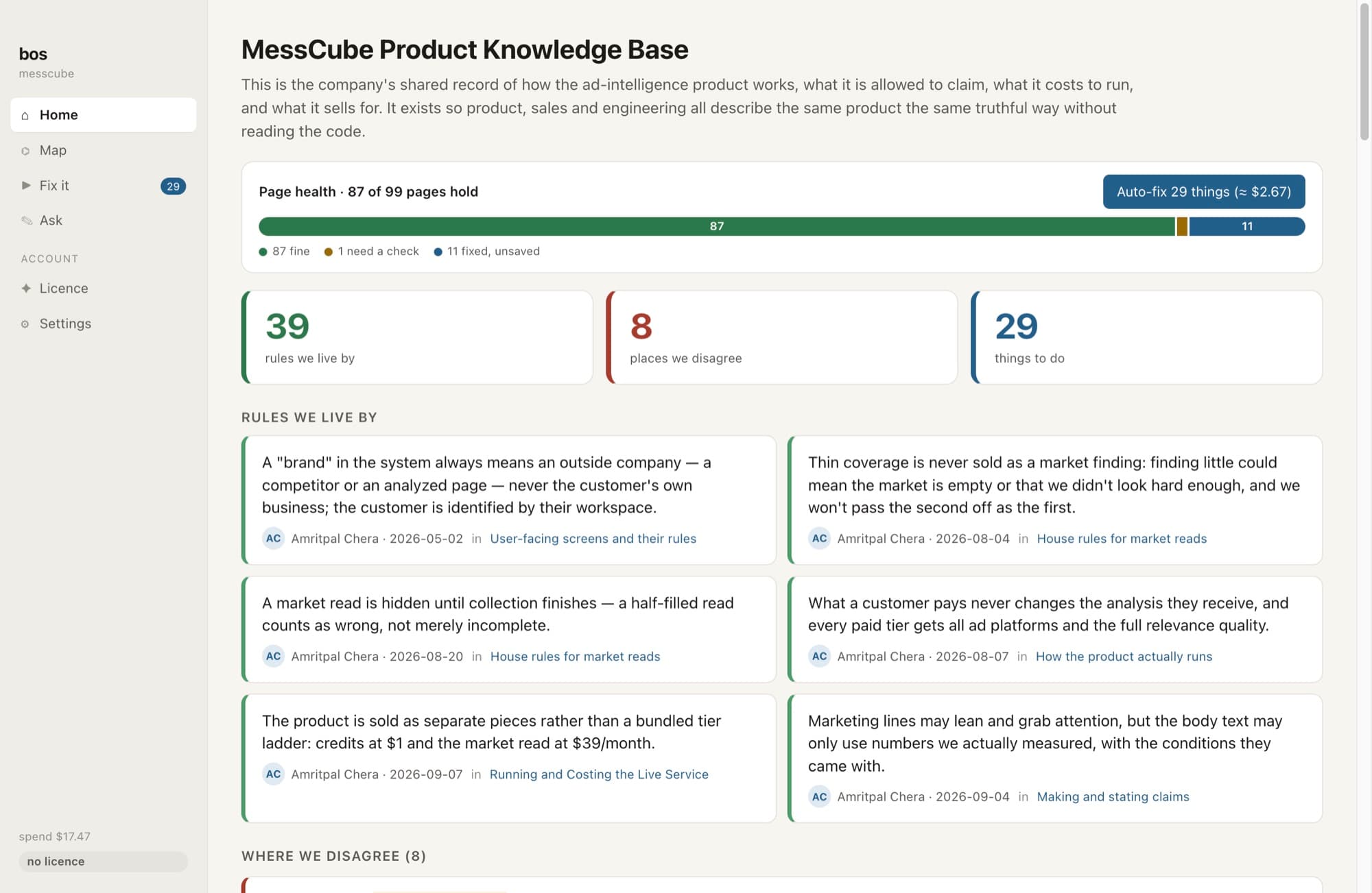 BOS open on MessCube's own knowledge: 87 of 99 pages hold, 39 rules we live by, 8 places we disagree, 29 things to do