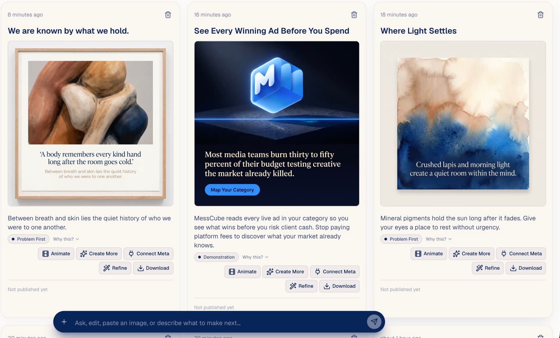 MessCube My Ads: three generated ads with animate, refine and download actions, and the composer